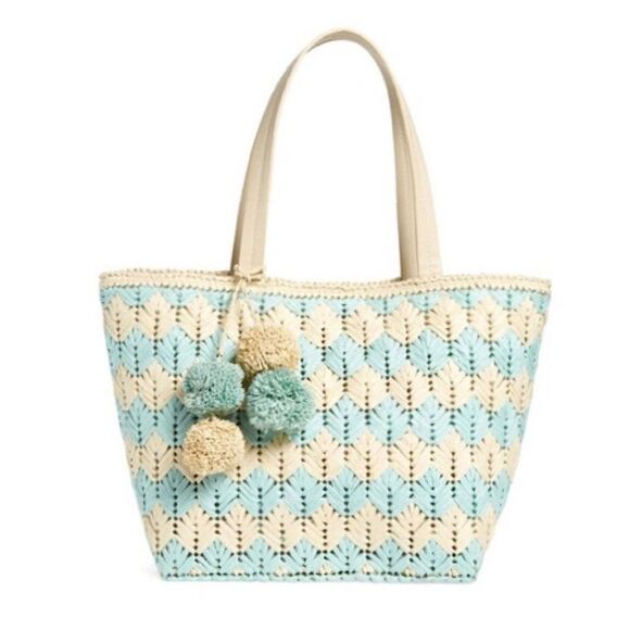 BTB Bria Straw Tote Cream and Blue Woven Tote Bag with Pom-Poms - Picture 1 of 4